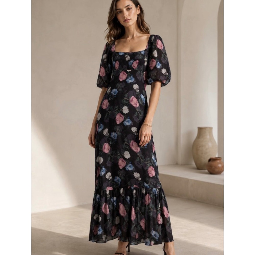 Nicholas Floral Silk Maxi Dress Women 12 Black Pink Puff Sleeve Romantic Cottage